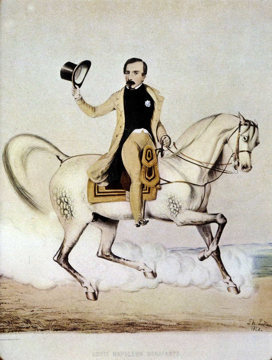 Louis Napoleon Bonaparten (Louis-Napoleon III) ratsastusmuotokuva siviilivaatteissa vuonna 1848. tekijältä Unknown artist