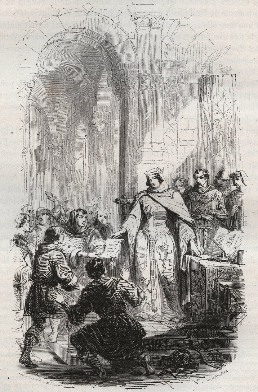 Ermesinde, Luxemburgin kreivitär - Luxemburgilaisen Ermesinde Ieren Luxemburgin asukkaille myöntämä postimaksu vuonna 1243 - Kaiverrus vuodelta 1868 Theodore Justen (1818-18) teoksen "Belgian historiasta primitiivistä Leopold I:n loppuun" tekijältä Unknown artist