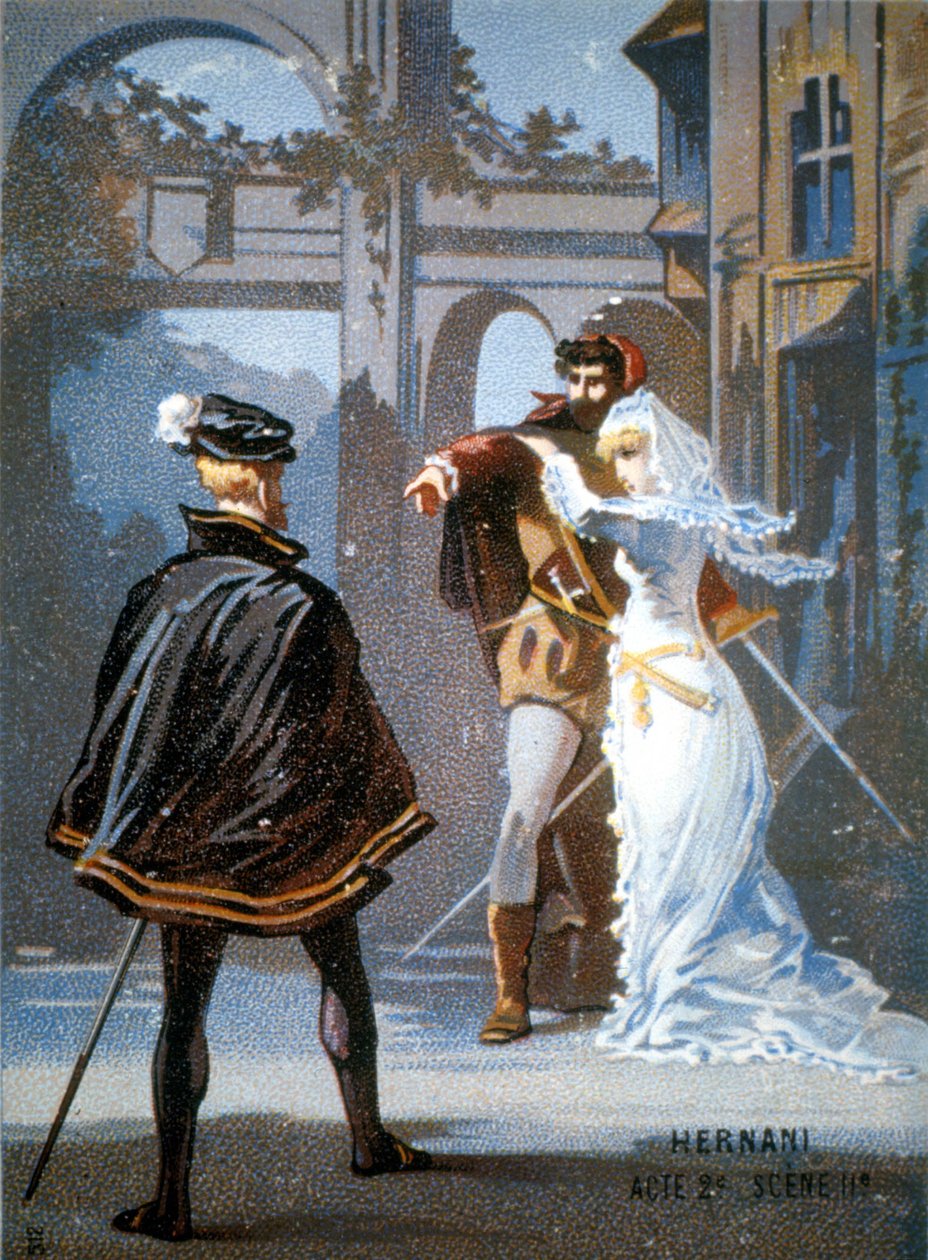 Ernani de Giuseppe Verdi, näytös II, kohtaus II. kromolitografia 1800-luvulla. tekijältä Unknown artist