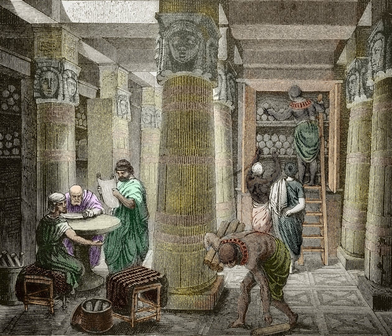 Erudiitti Aleksandrian kirjastossa, tuhottu 642, Egypti) (Näkymä Aleksandrian kirjastosta, Egypti) 1800-luku (kaiverrus) tekijältä Unknown artist
