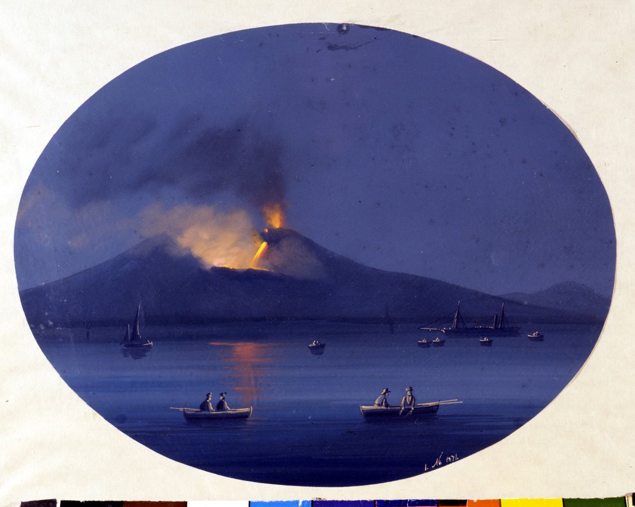 Etnan yöpurkaus Catanian edustalla merestä nähtynä. Anonyymi maalaus 1800-luvulta. tekijältä Unknown artist