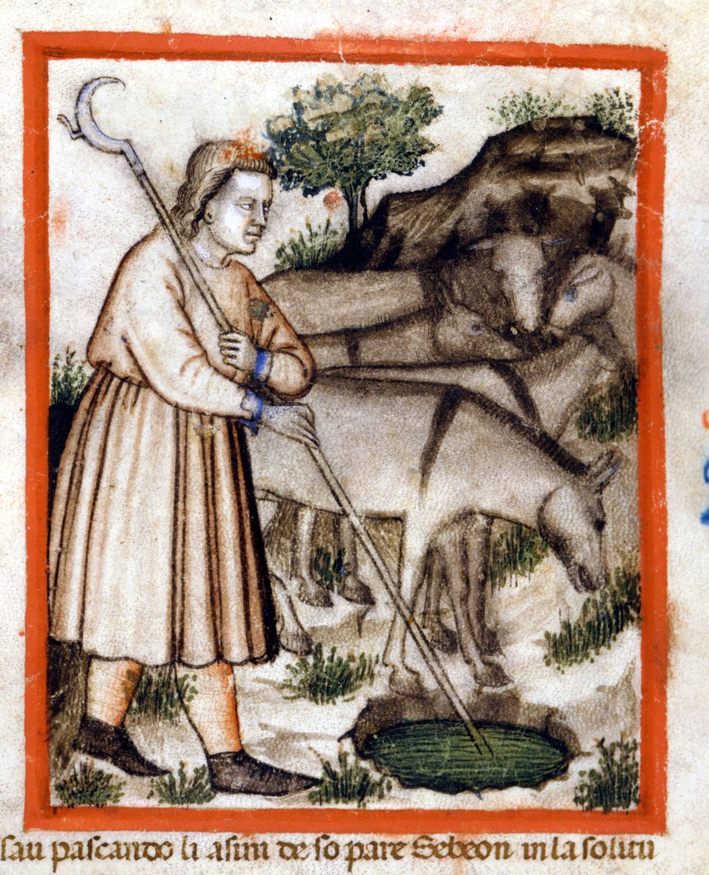 Esa laiduntaa aaseja - Pentateukki. Miniatyyrit Codex 212:sta (tai Padovano-koodista tai Padovan Raamatusta) 1390-1400 Rovigo, Accademia dei Concordi tekijältä Unknown artist