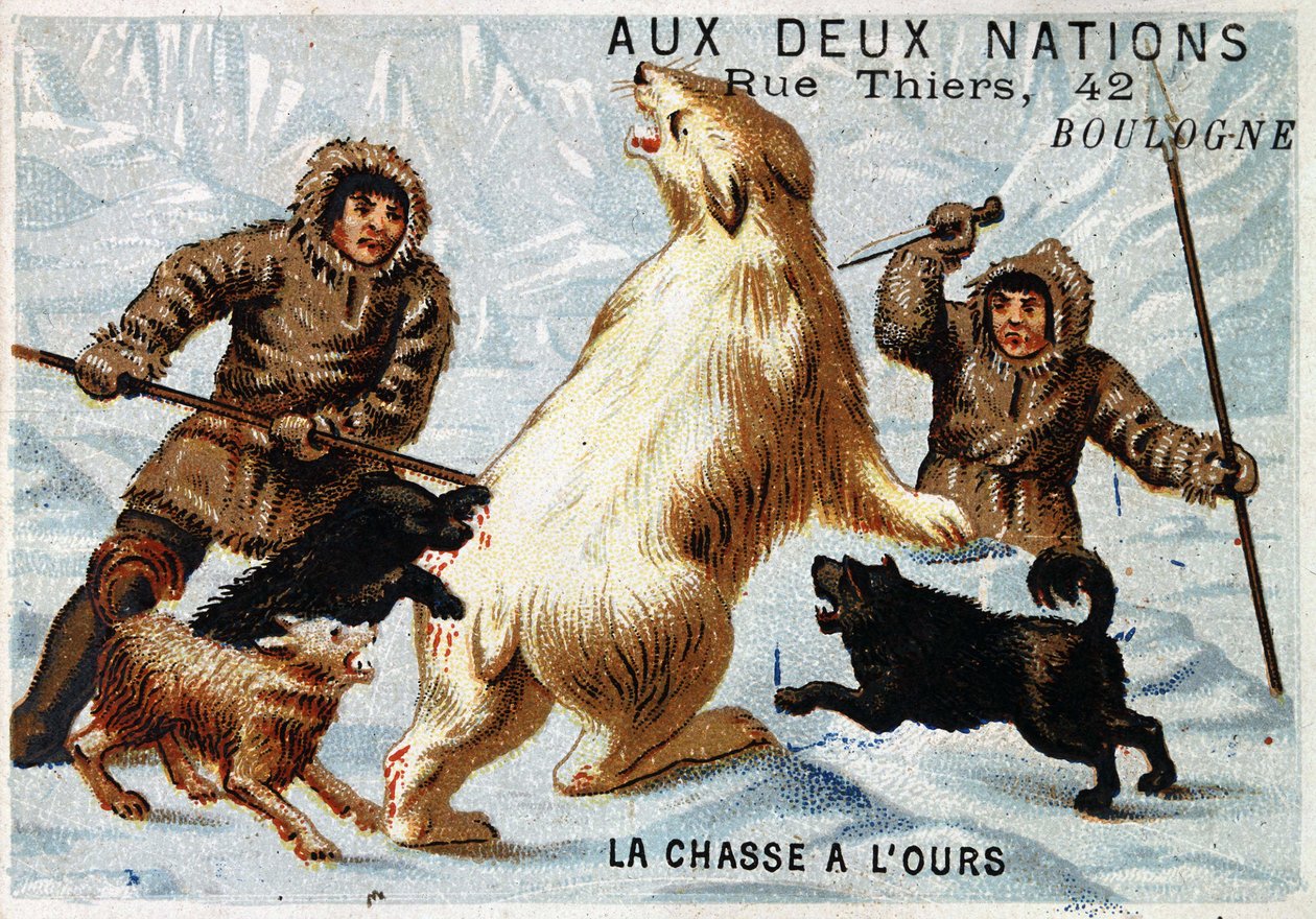 Eskimot, karhunmetsästys, myymälämainonta “” aux deux nations”, Boulogne, v. 1895 tekijältä Unknown artist