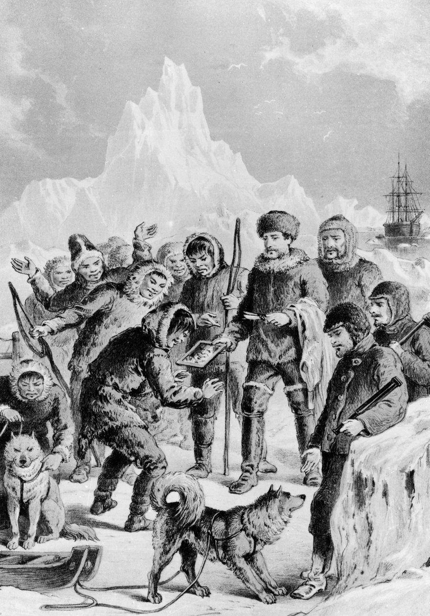 Eskimot löytävät retkeilijöiden tuoman peilin - Artic Expedition brittiläisiltä ja ulkomaisilta rannoilta varhaisimmista vuoden 1875 tutkimusmatkoille. tekijältä Unknown artist