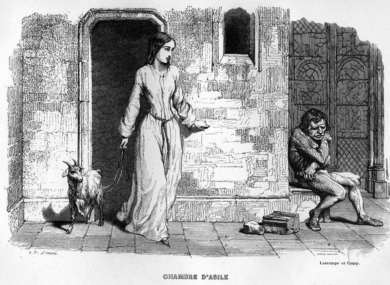 Esmeralda tapaa Quasimodon Notre Dame de Parisissa. tekijältä Unknown artist