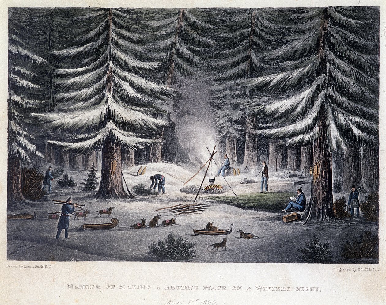 Leirin perustaminen talviyönä - "" Kertomus matkasta Napameren rannoille vuosina 1819-1821", John Franklin, toim. Lontoo tekijältä Unknown artist