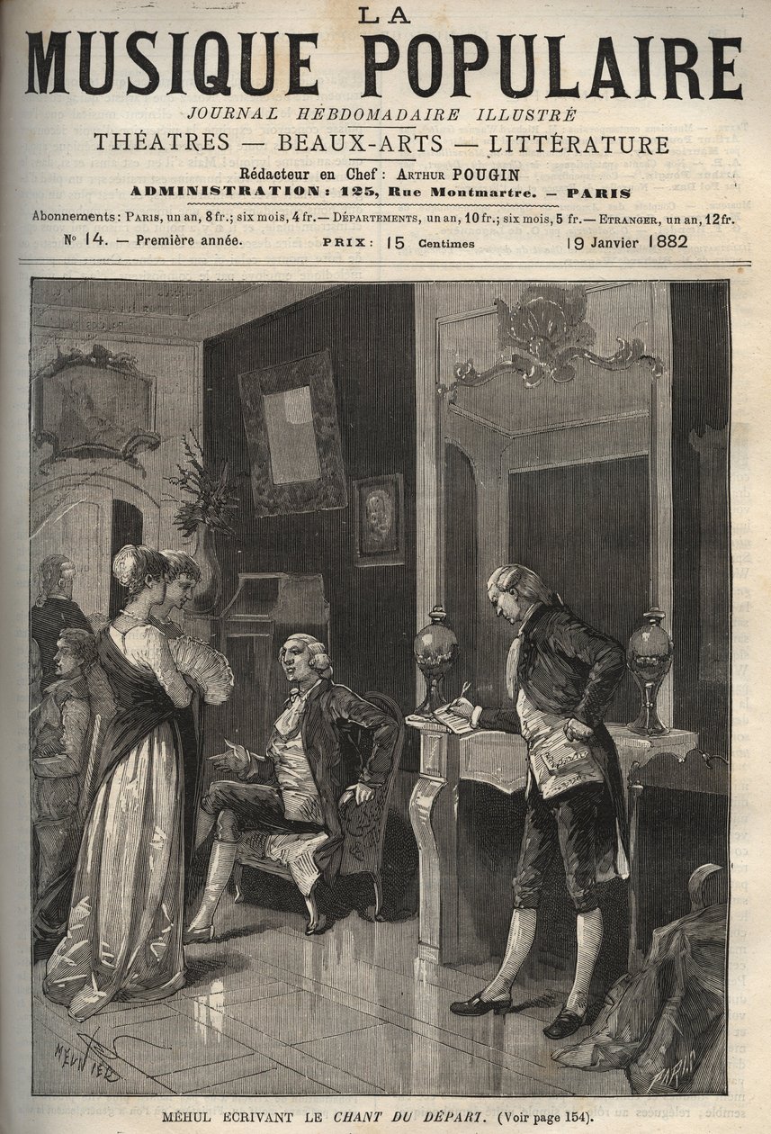 Etienne Nicolas (Etienne-Nicolas) Mehul (1763-1817) kirjailija "" Le chant du depart"" (vallankumouksellinen laulu ja hymni vapaudelle) - kaiverrus "" La musique populaire """ kuvitettuun viikkolehteen - 1882 tekijältä Unknown artist