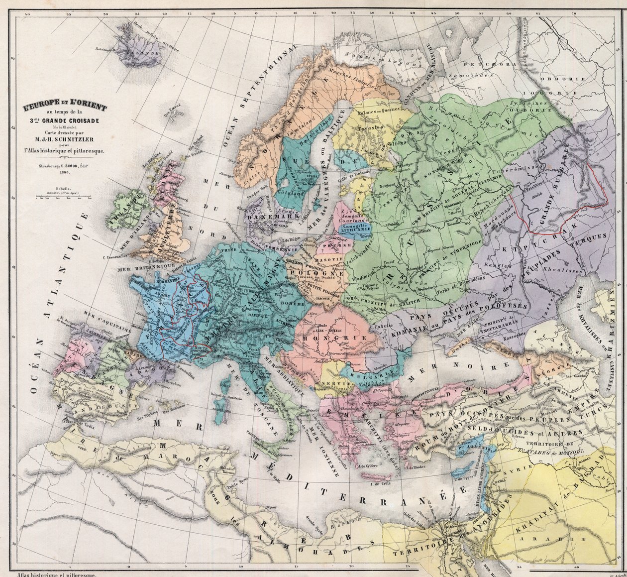 Eurooppa ja itämaat 3. suuren ristiretken aikana 1200-luvun lopulla - Kartan laatinut M J-H Schnitzler, Historiallinen ja maalauksellinen atlas 1858 tekijältä Unknown artist