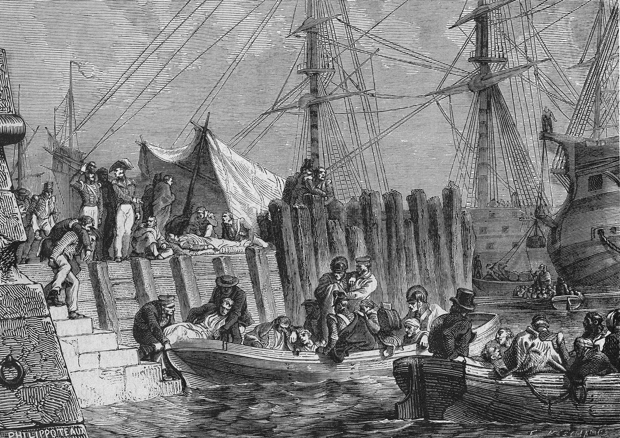 Englantilaiset evakuoivat Flesringen vuonna 1802: sairaiden laivaus - teoksessa "Histoire de France", kirjoittaja Henri Martin, sd. 1800-luvulla. tekijältä Unknown artist