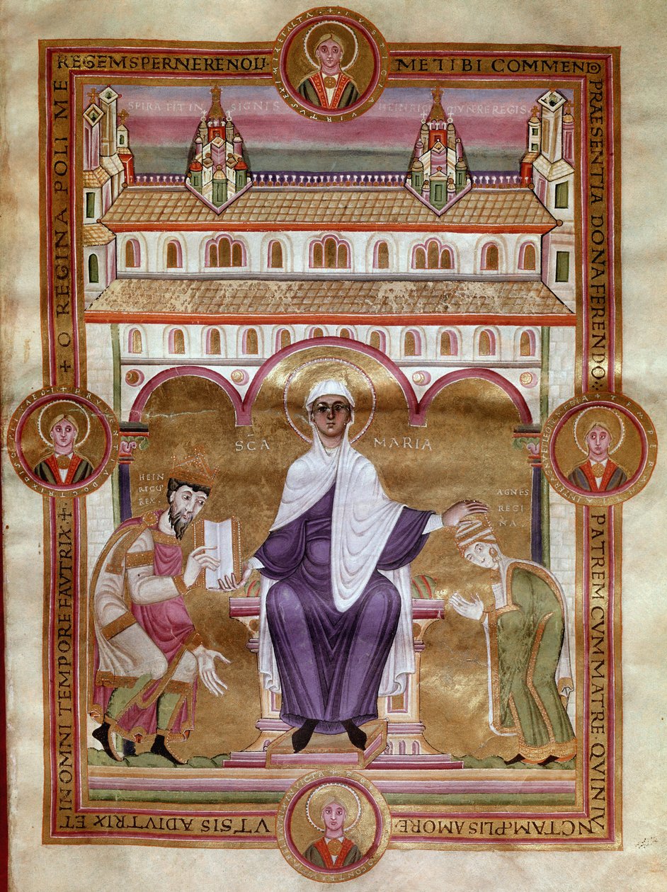 Keisari Henrik III:n evankelinen sivu (kultainen Raamattu) sanoo, että musta (1017-1056) edustaa polvistumista vaimonsa Agnes d