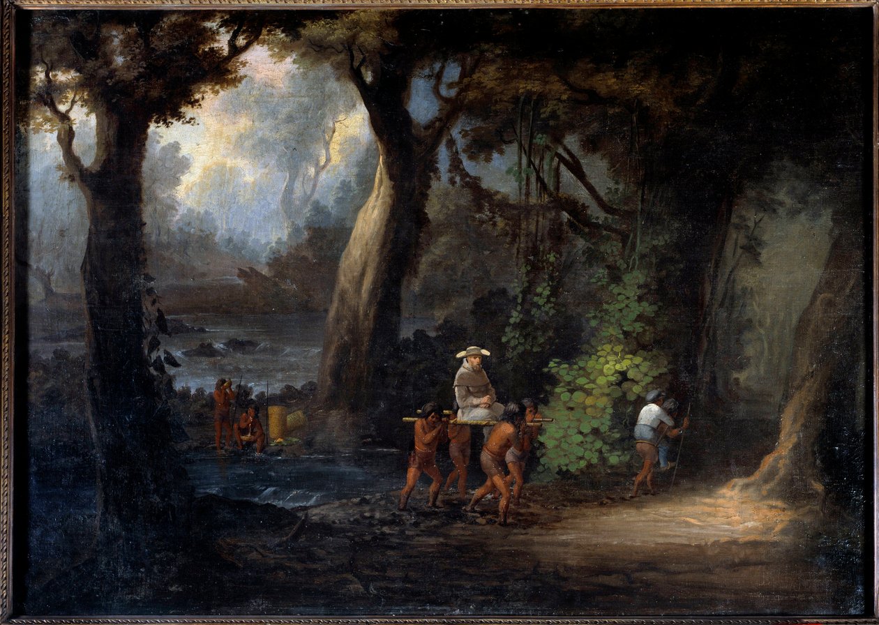 Evankelisointi: "Intiaanit kantavat pankkien lähetyssaarnaajia Etelä-Amerikassa""" Nimetön 1800-luvun maalaus. La Rochelle, Uuden maailman museo tekijältä Unknown artist