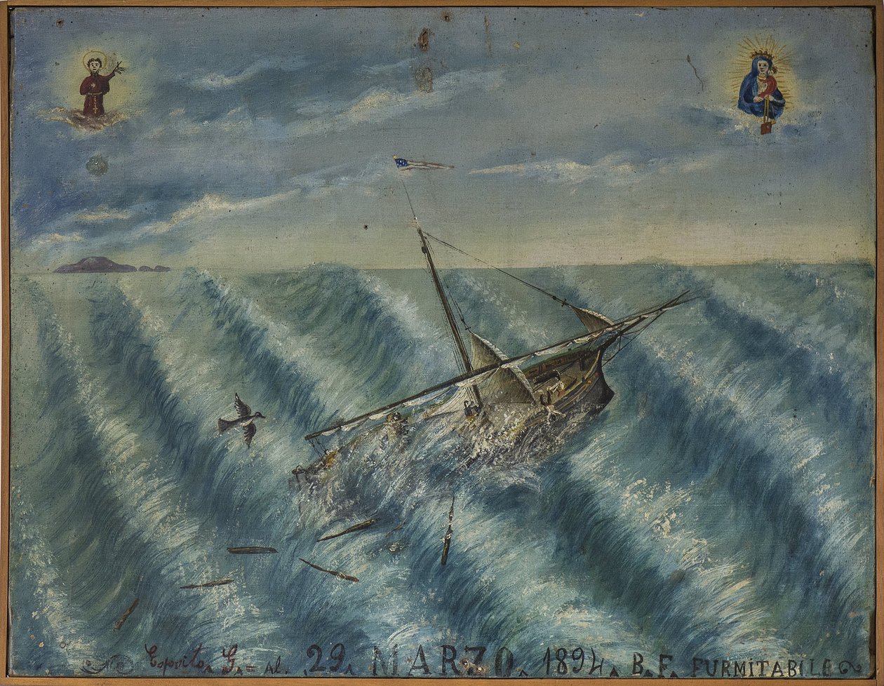 Ex-voto (ex voto) merimies, suosittu tarjous panttina omistautumisesta ja kiitollisuudesta merimiehelle, joka selviytyy meren vaaroista, jotka tulevat Carmine kirkosta, Torre del Grecosta, lähellä Napolia, 29.03.1894 Italia tekijältä Unknown artist
