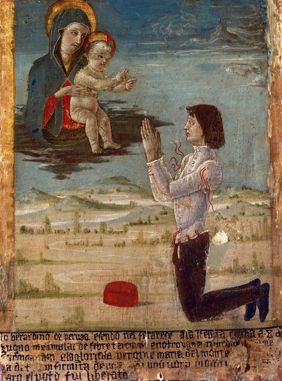 Ex-voto, joka esittää Madonnan ja lapsen miehen kanssa polvillaan rukoilemassa, St Maria del Monten luostari, Cesena, Emilia-Romagna, Italia tekijältä Unknown artist