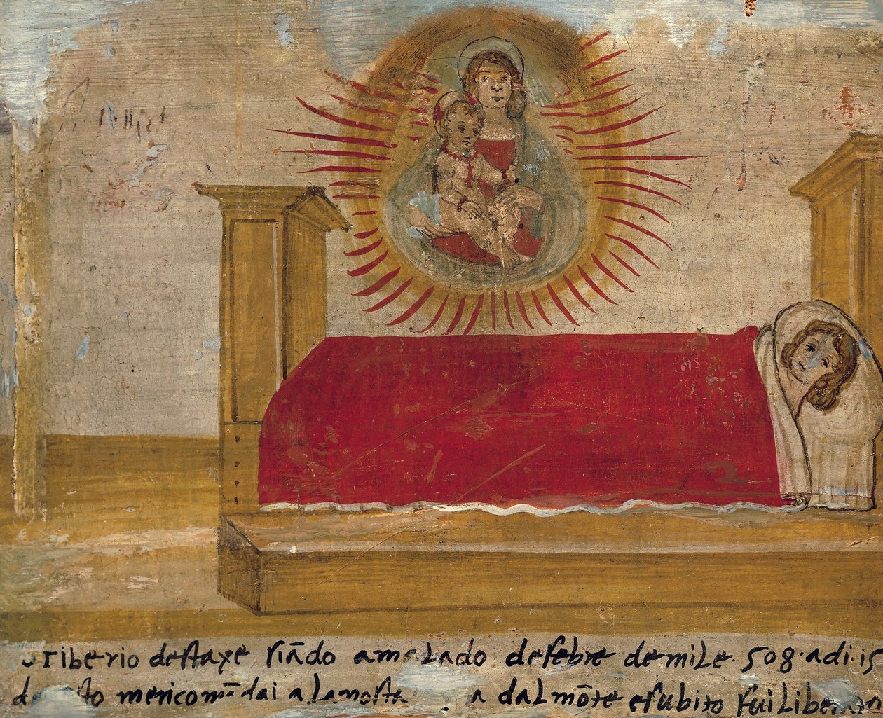 Ex-voto, joka esittää Madonnaa ja lasta potilaan kanssa sängyssä, St Maria del Monten luostari, Cesena tekijältä Unknown artist