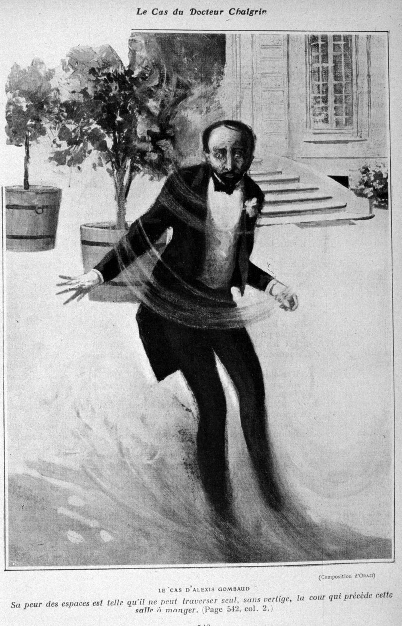 Esimerkki agorafobiasta tai avoimien tilojen pelosta. Alexis Gombaudin tapaus, joka ei voinut ylittää talonsa sisäpihaa yksin. tekijältä Unknown artist