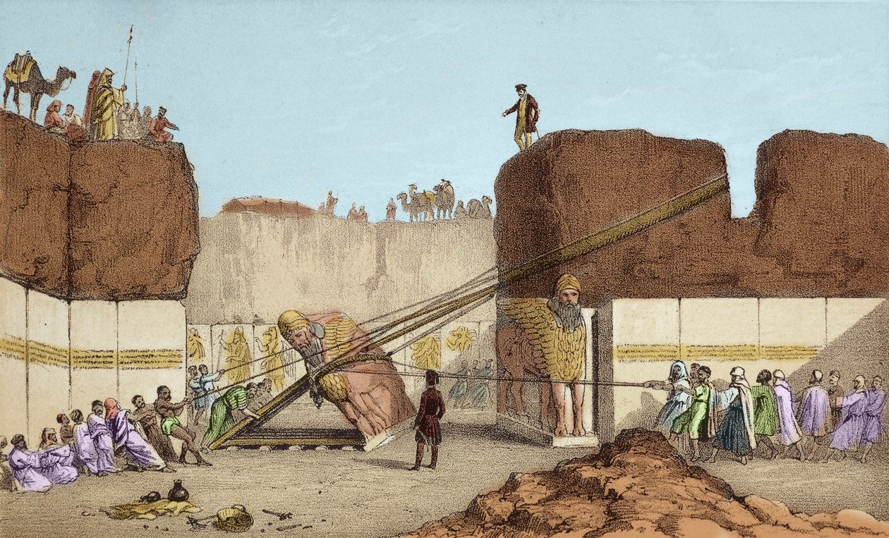 Niniven (Nineve) kaivaukset - Henri Layardin Nimrudin (Nimroud) rauniot (Mesopotamian matkansa jälkeen 1800-luvulla); suuren härän siiven vaihto - Siivekäs härän lähetys Nimrudista Sir Austen Henryn kaivausten aikana tekijältä Unknown artist