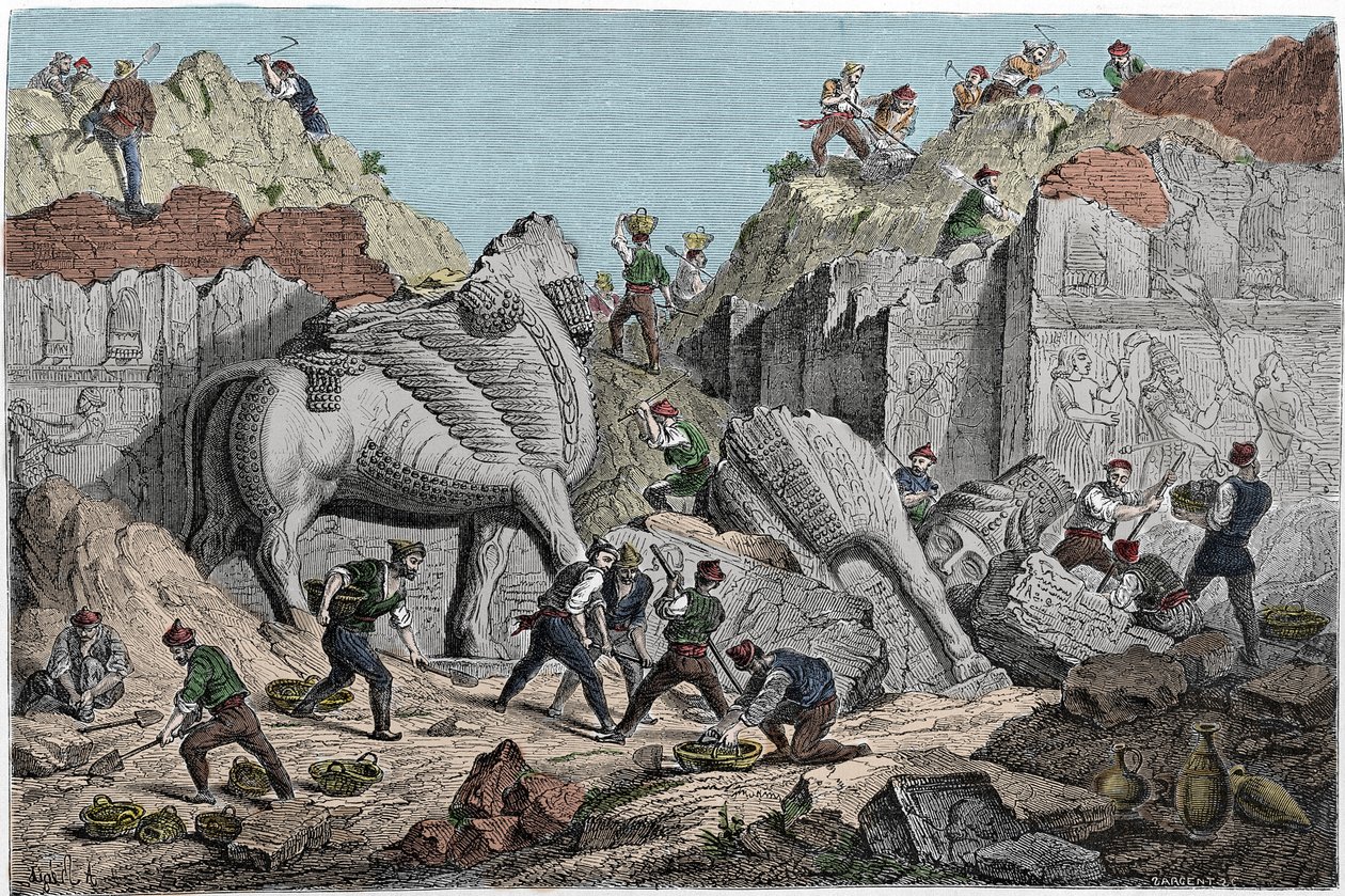 Paul-Emile (Paul Emile) Botta, Ranskan konsuli Ninivessä, suoritti kaivaukset Khorsabadin (Khunsabadin), entisen Assyrian pääkaupungin Mosulin pohjoispuolella, paikalla. Irak. Kaiverrus 1800-luvulta. tekijältä Unknown artist