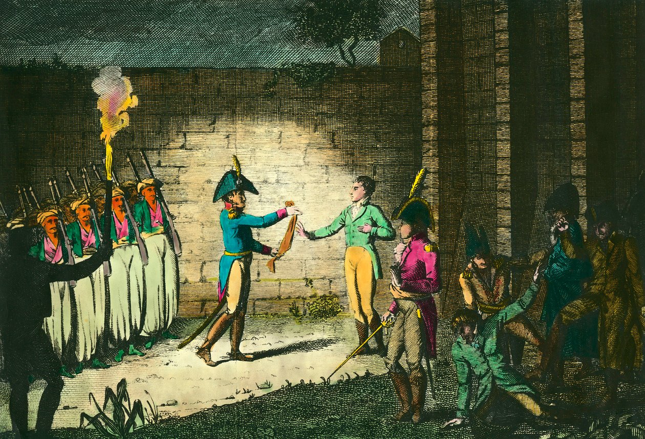 Louis de Bourbon, Enghienin herttua (1772-1804) teloitettiin 21. maaliskuuta 1804 Vincennesissä, epäiltynä ilman todisteita salaliitosta ensimmäistä konsulia Napoleon Bonapartea vastaan. Kaiverrus noin 1804. Yksityinen kokoelma tekijältä Unknown artist