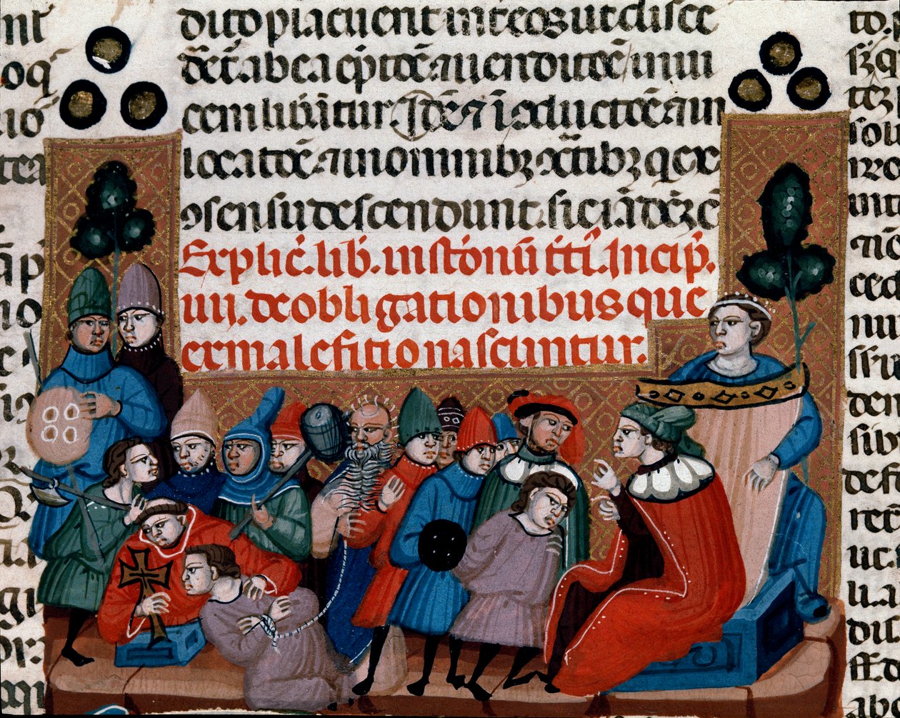 Justinianuksen koodeksin (Codex Justinianus) mukaisen miniatyyrituomion täytäntöönpano, kokoelma lakeja ja instituutioita, jotka on käsitelty Bysantin Rooman keisarin Justinianus I:n (483-565) aikana tekijältä Unknown artist