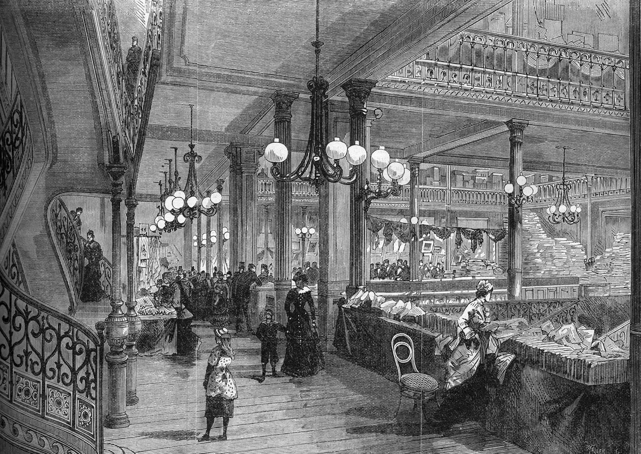 "Bon marche" -myymälöiden laajennukset: Uusi galleria, joka johtaa Buffetille. Pariisi 1880. tekijältä Unknown artist
