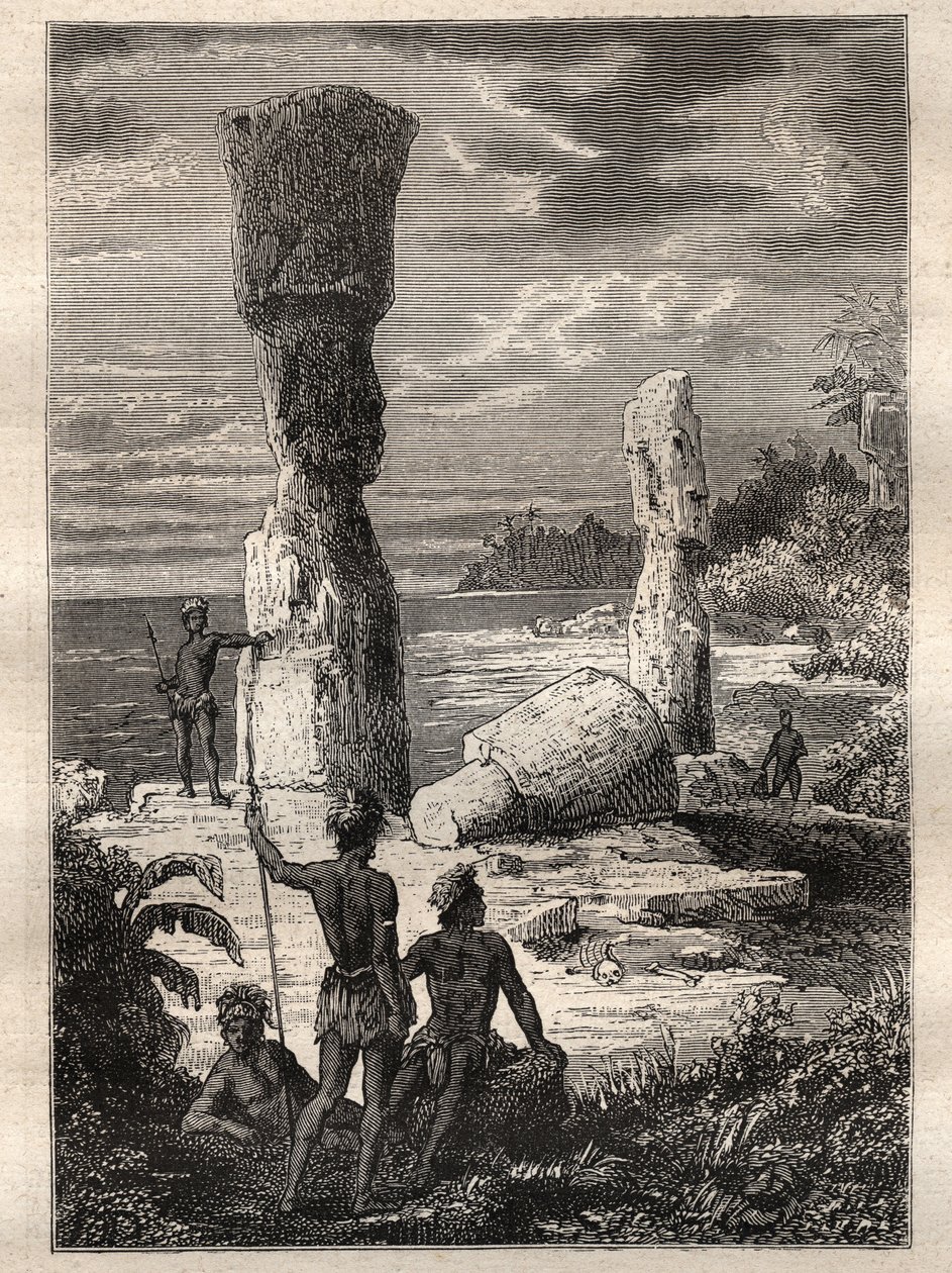 Jean Francois Galaup de La Perousen (1741-1788) retkikunta maailman ympäri (1785-1788): Pääsiäissaaren alkuperäisväestö katselee monumentaalisia patsaita (Moai) - kuva otettu teoksesta "1700-luvun suuret merenkulkijat" tekijältä Unknown artist