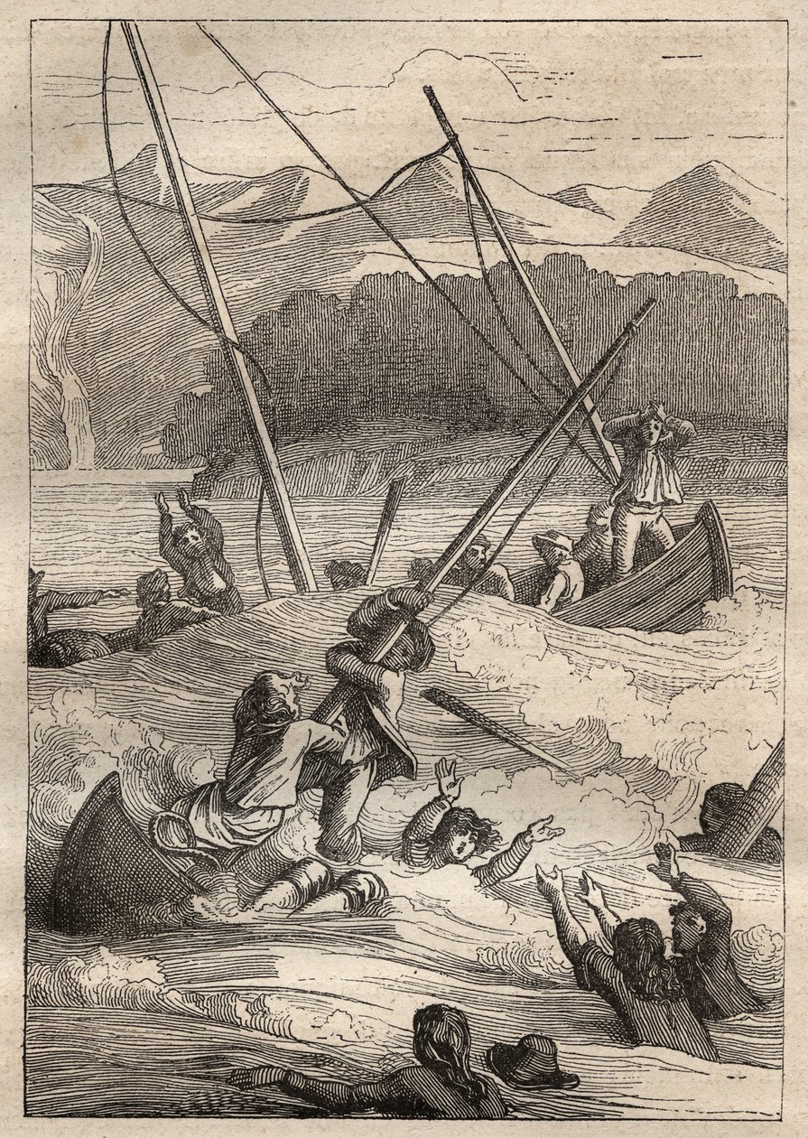 Jean Francois Galaup de La Perousen (1741-1788) retkikunta maailman ympäri (1785-1788): veneiden haaksirikko Ranskan satamassa (Alaska) - kuva otettu teoksesta "1700-luvun suuret merenkulkijat" tekijältä Unknown artist