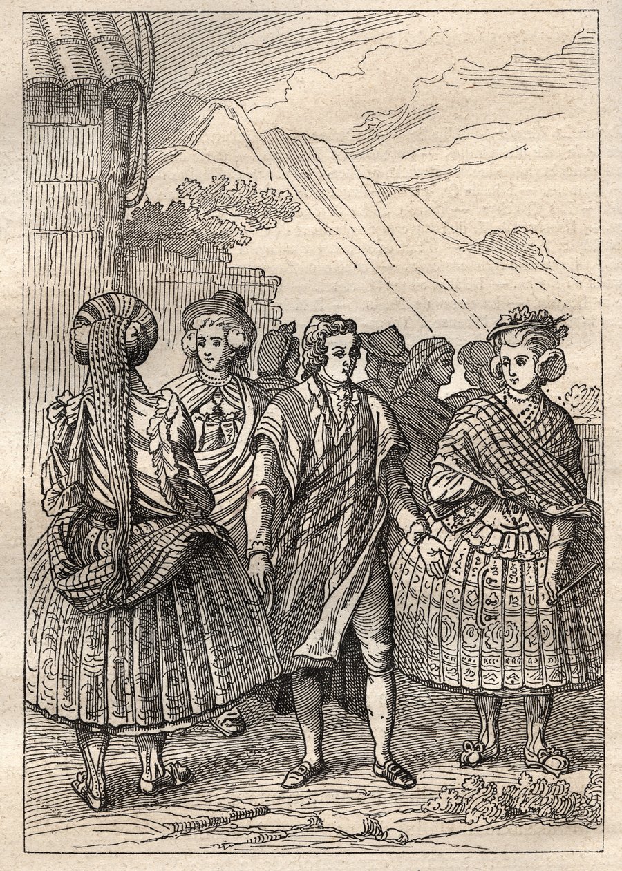 Jean Francois Galaup de La Perousen (1741-1788) retkikunta maailman ympäri (1785-1788): Concepcionin (Chile) asukkaiden puvut - kuvitus "1700-luvun suurista merenkulkijoista" tekijältä Unknown artist