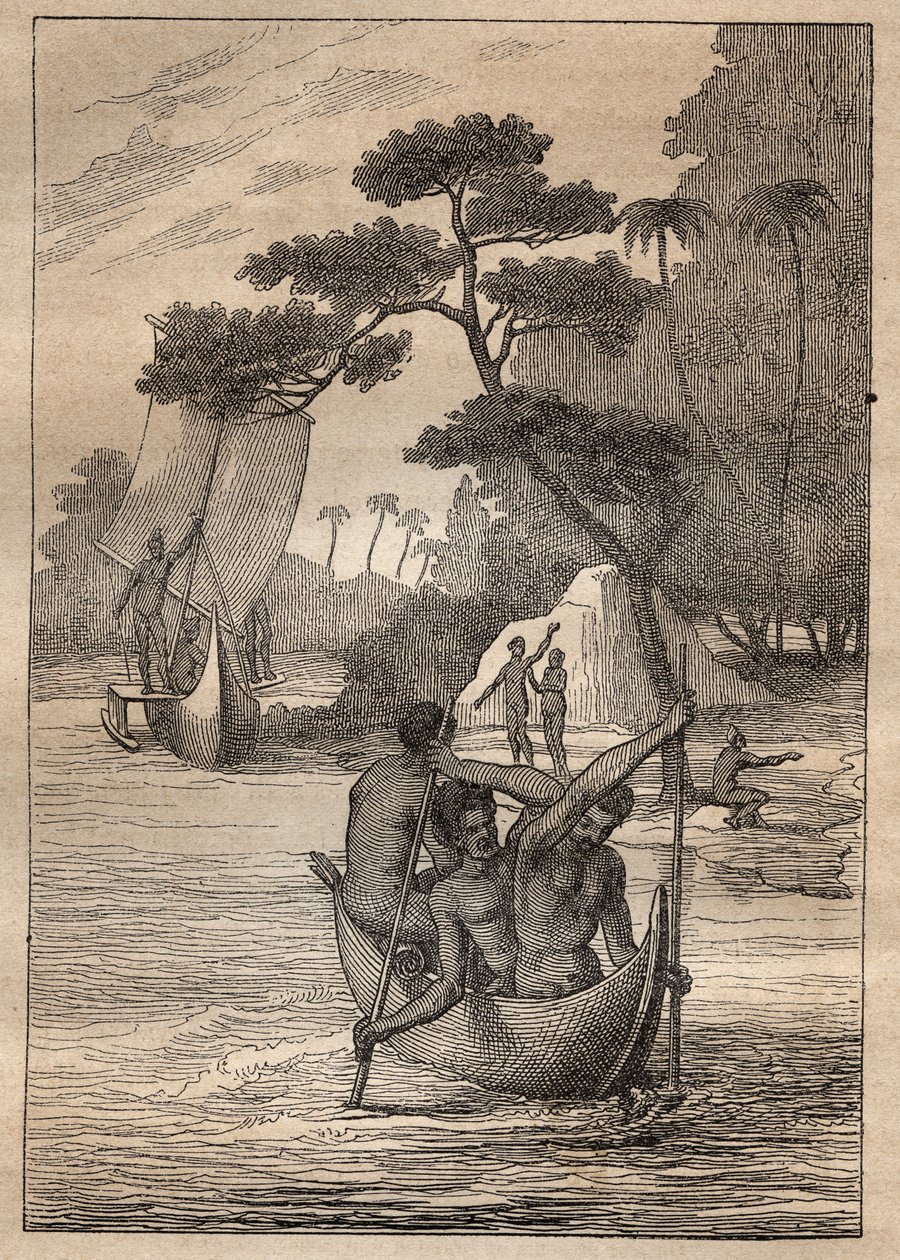 Nicolas Thomas Marion-Dufresnen (Marion Dufresnen) (1729-1772) retkikunta: kanootteja Admiraut-saarilta (Bismarckin saaristo, Papua-Uusi-Guinea) - kuva otettu teoksesta "" 1700-luvun suuret merenkulkijat"" tekijältä Unknown artist