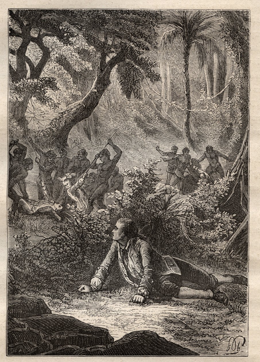 Nicolas Thomas Marion-Dufresnen (Marion Dufresnen) (1729-1772) retkikunta: ainoa eloon jäänyt merimies todistaa kaikkien tovereidensa, mukaan lukien Marionin, verilöylyn Assassins Bayn (Matuaron saari, Uusi-Seelanti) alkuperäisasukkaiden toimesta - kuva ot tekijältä Unknown artist