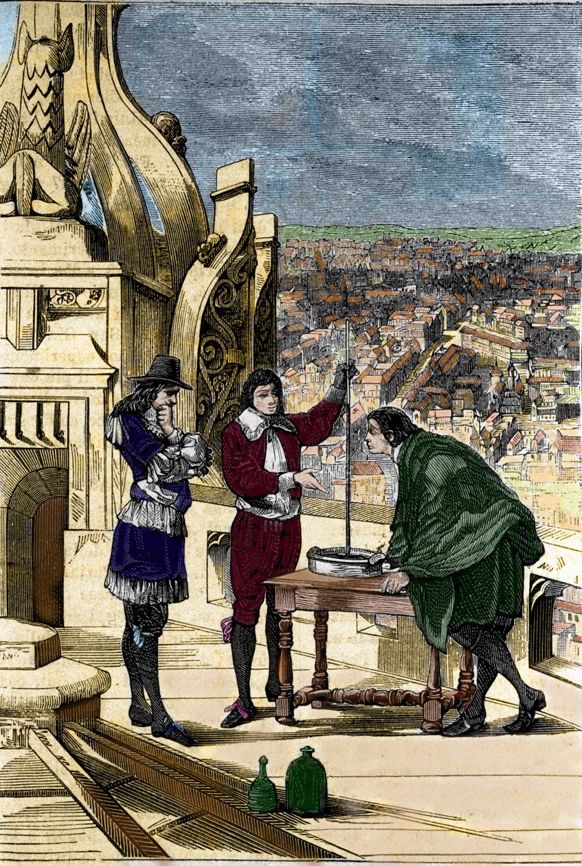 Kokemus Blaise Pascalista elohopeabarometrin kanssa Tour Saint Jacques la Boucherien huipulla Pariisissa. tekijältä Unknown artist