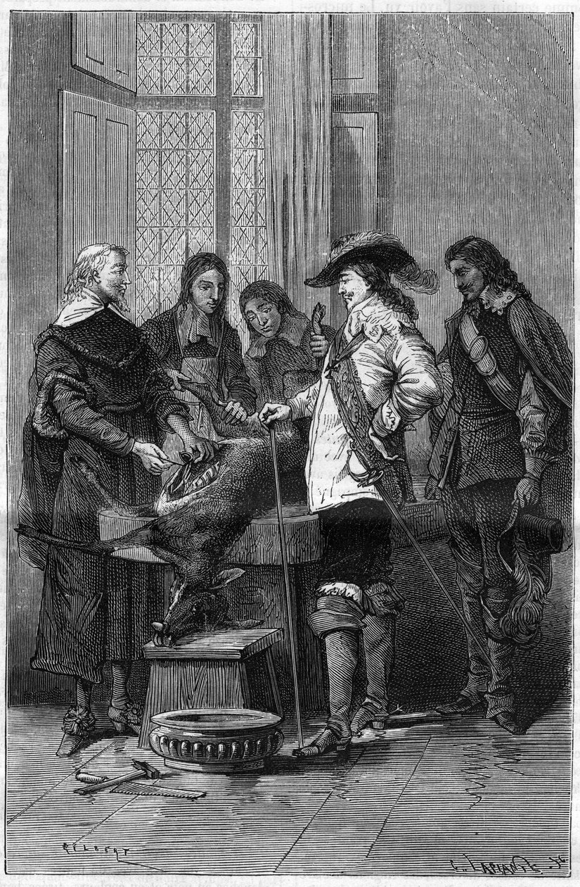 William Harveyn (1578-1657), englantilaisen lääkärin kokemus, joka näyttää Englannin kuninkaalle Charles I Stuartille (1600-1649) ja Lontoon Royal Collegen lääkäreille elävän hirven verenkierron ilmiön. Kaiverrus "" La Nature"" tekijältä Unknown artist