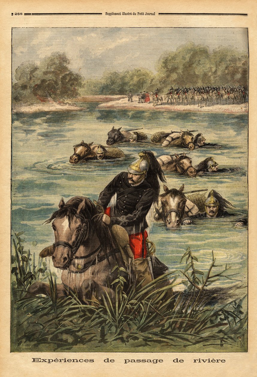 Kokemus Fontainebleaun 7. lohikäärmerykmentin joenkulusta. Kaiverrus "" Le petit Journal" -lehdessä 6/09/1896. Selvan kokoelma. tekijältä Unknown artist