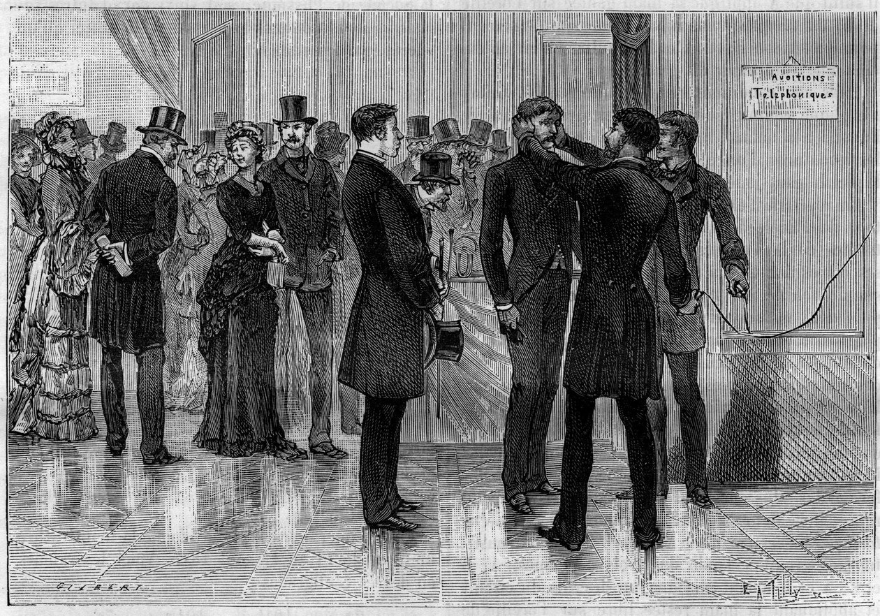 Kokemus puhelinlähetyksistä ilman vastaanottimia "Societe de Physiquessa" Pariisissa, 16. huhtikuuta tekijältä Unknown artist