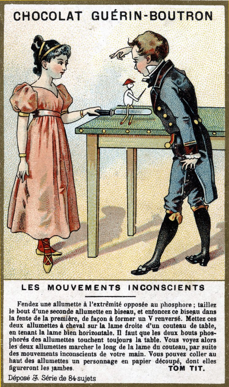 Kahden lapsen kokemus tulitikuista ja veitsestä. Suklaapakkausten kromolitografia Guérin Boutron. tekijältä Unknown artist