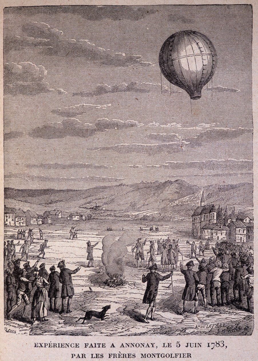 Montgolfier Brothersin Annonayssa 5. kesäkuuta 1783 tekemä koe - kirjassa "" Les Contemporains", n.d. 1800-luvun lopulla. tekijältä Unknown artist