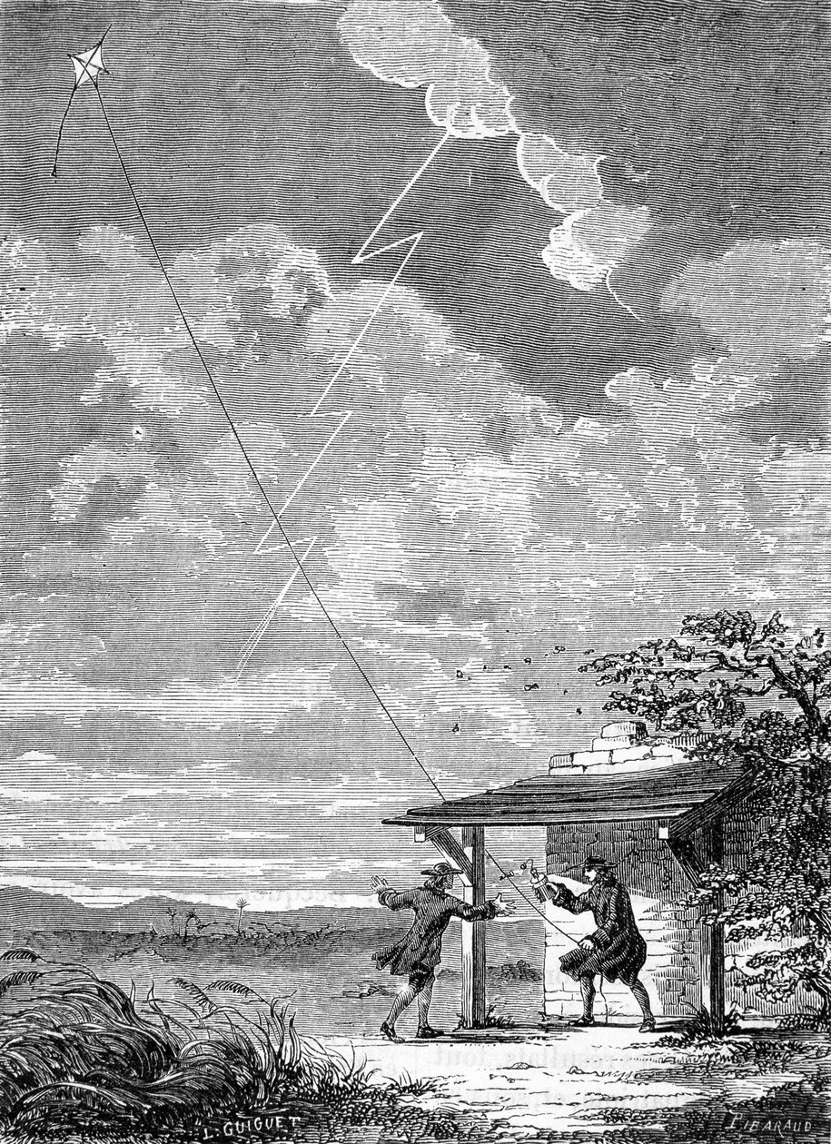 Benjamin Franklinin Philadelphiassa valmistama sähköleija, syyskuu 1752 - kaiverrus tekijältä Unknown artist