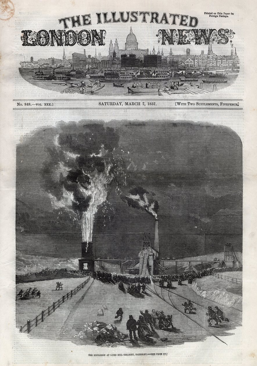 Räjähdys Lund Hillin hiilikaivoksessa (Lundhill) Barnsleyssä, Englannissa. Sanomalehti. Kaiverrus "" The Illustrated London News" -julkaisuun 7. maaliskuuta tekijältä Unknown artist