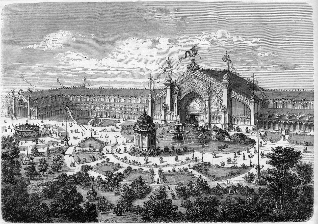 Exposition Universelle de Lyon: galleriat puistosta nähtynä. Kaiverrus "" L
