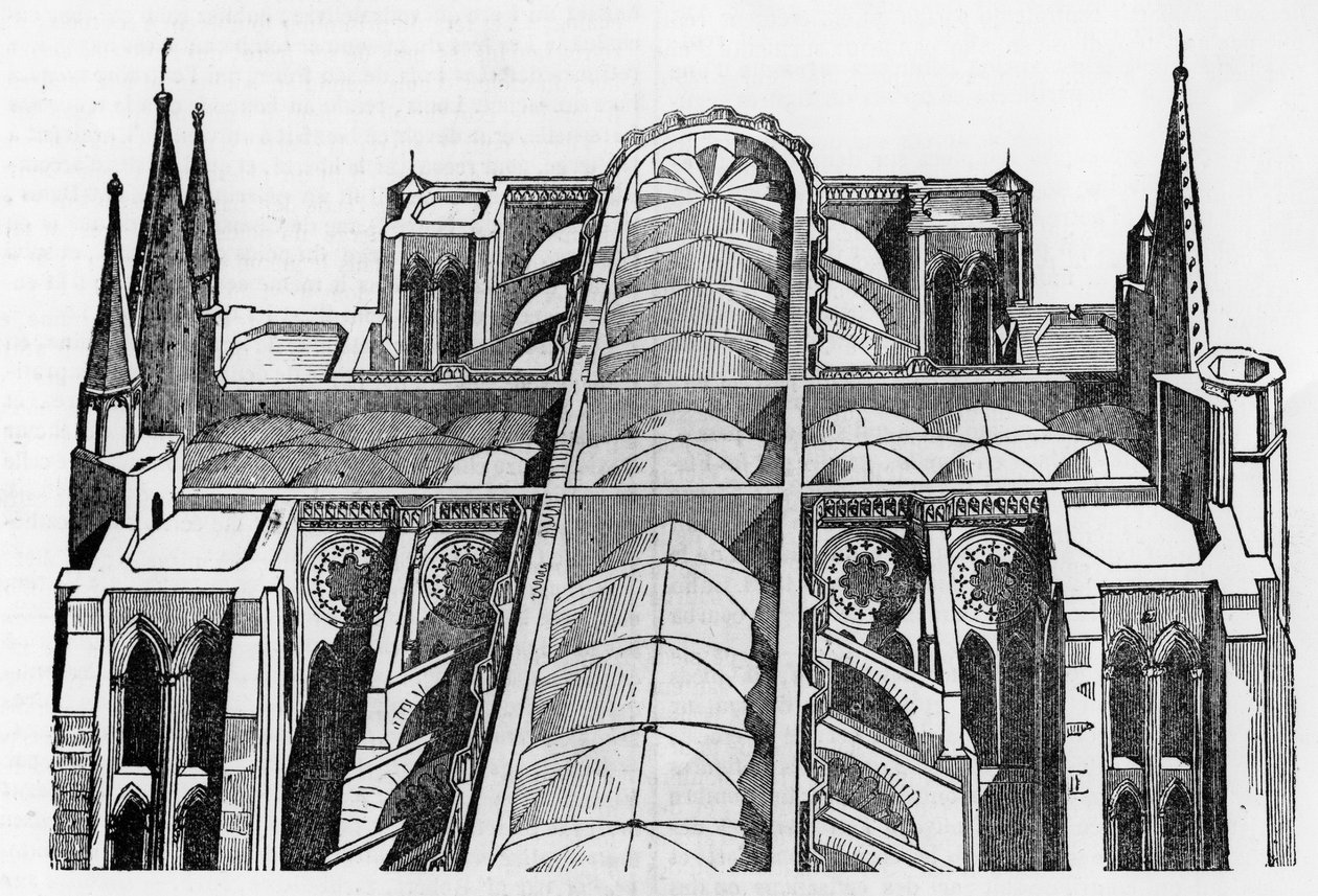 Cathedrale de Chartresin (28) ulko- ja yläosa 4. ja 5. kesäkuuta tapahtuneen tulipalon jälkeen - "Le magasin viehättävässä", heinäkuussa 1836. tekijältä Unknown artist