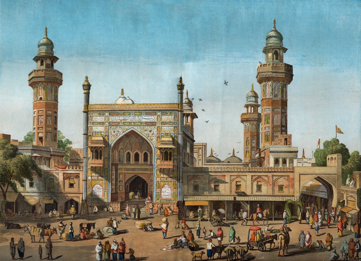 Ulkokuva Wazir Khanin moskeijasta Lahoressa, Pakistanissa. Kaiverrus 22. toukokuuta 1858 julkaistuun kuvitettuun London News -lehteen. tekijältä Unknown artist
