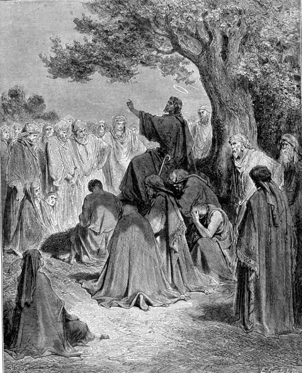 Ote Pyhän Matteuksen evankeliumista. Jeesus Kristus saarnaa opetuslastensa joukon edessä. Kaiverrus 1800-luvulta. tekijältä Unknown artist