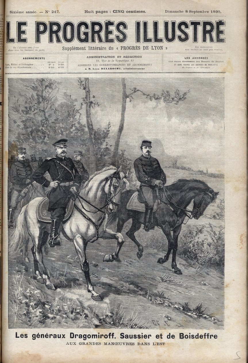 RANSKAN JA VENÄJÄN SUHTEET - Ranskan kenraali Saussier ja venäläinen kenraali Dragomirov Mihail Ivanovich Dragomirov (Michael Ivanovich Dragomiroff) (1830-1905) ja Raoul Francois Charles Le Mouton de Boisdeffre armeijan harjoitusten aikana Vogeesissa, tekijältä Unknown artist