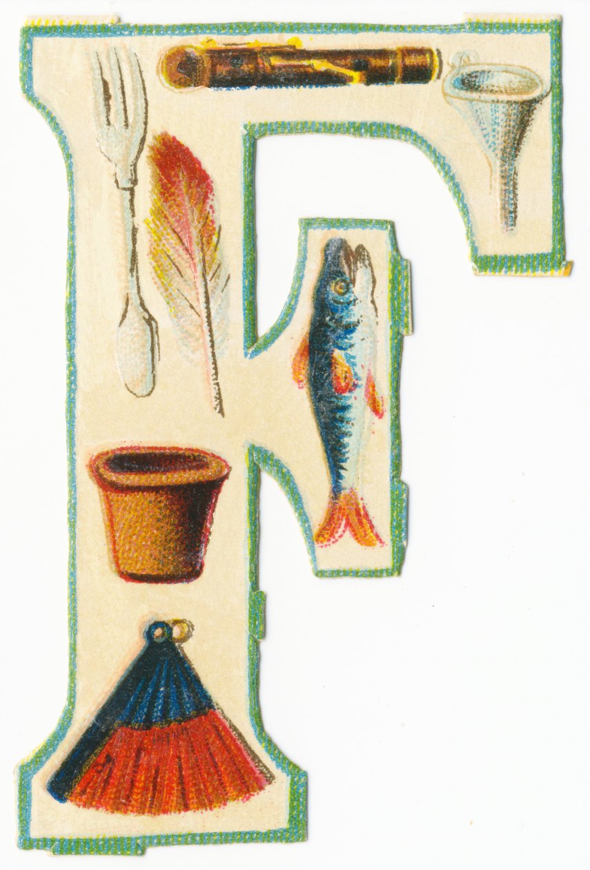F: haarukka, huilu, suppilo, kukkaruukku, höyhen, kala, viuhka (väri litho) tekijältä Unknown artist