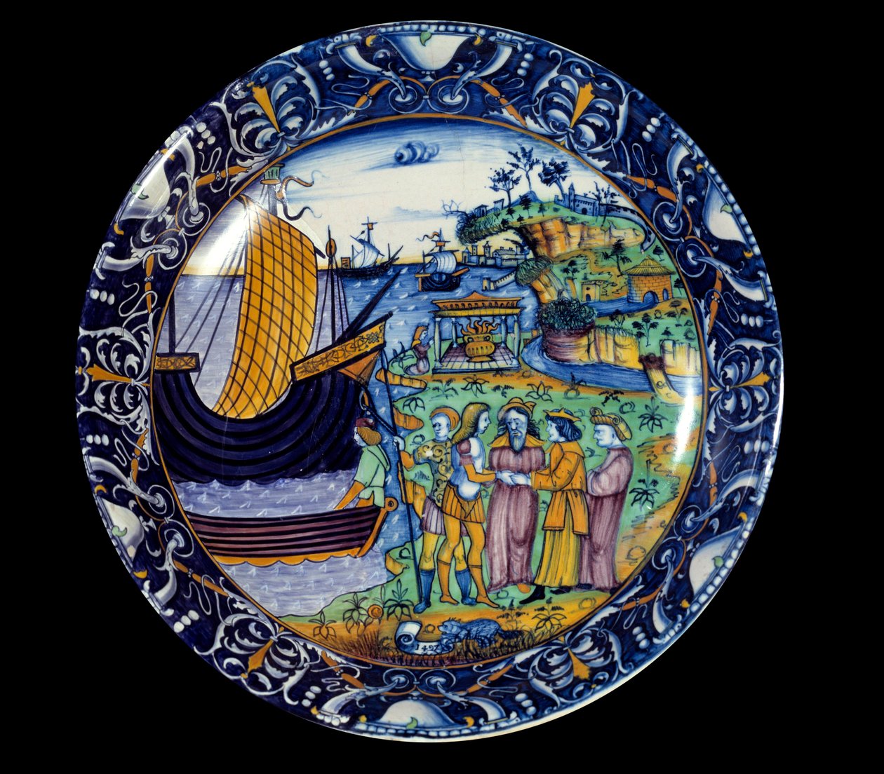 Kuningas Ariuksen vastaanottama fajanssi, joka edustaa Eneen saapumista Delokseen. 1497 Sevres, kansallinen renessanssimuseo tekijältä Unknown artist