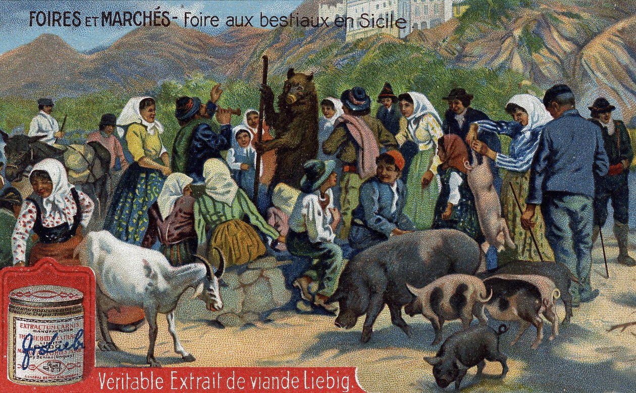 Messut ja markkinat: karjamessut Sisiliassa. Kromolitografia, Liebig-kuva. tekijältä Unknown artist