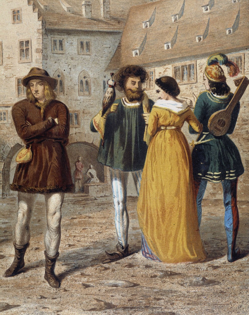 Haukkametsästäjä, rouva ja trubaduuri: katukuva Strasbourgissa keskiajalla. tekijältä Unknown artist