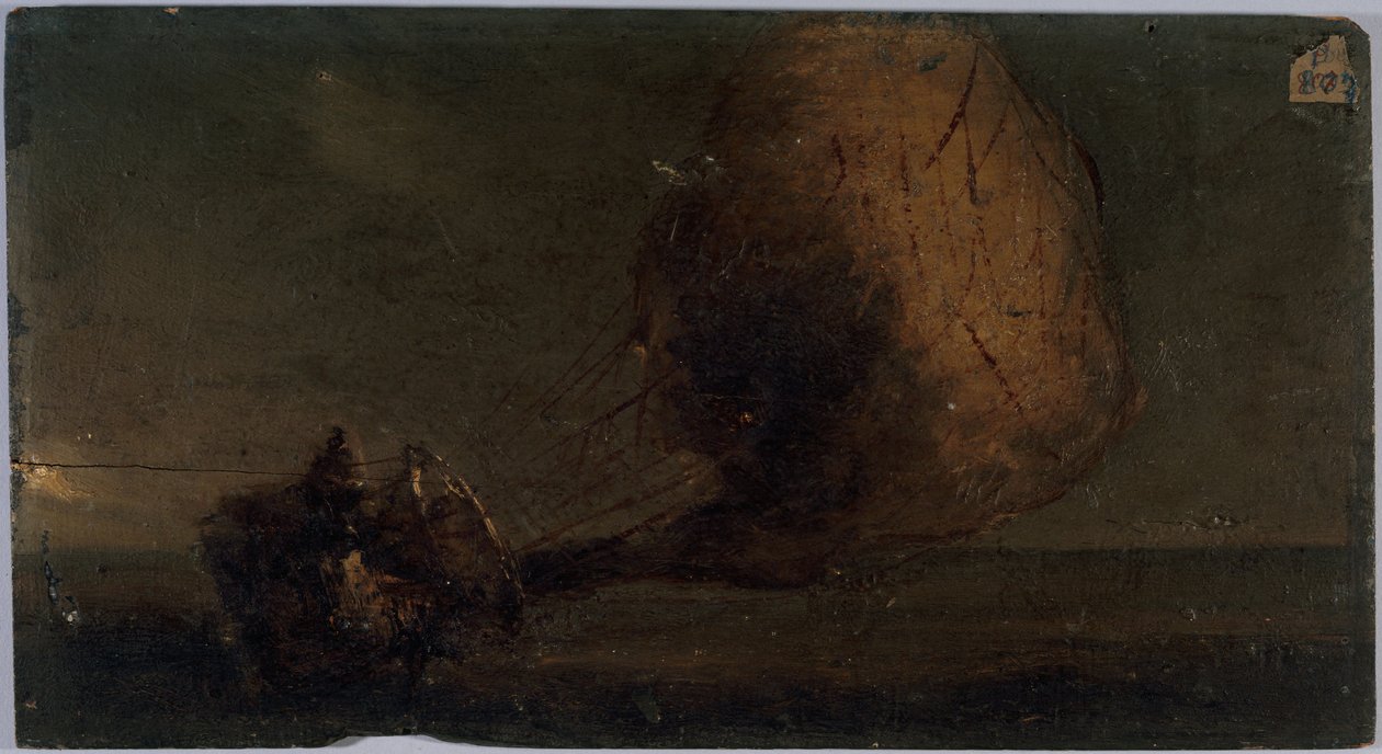 Putoava aerostaatti, n. 1860 (öljy puulle) tekijältä Unknown artist