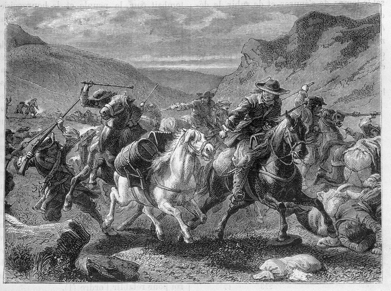 Valheet saunierit (False sauniers) hyökkäävät kuninkaan sotilaiden väijytyksessä - Louis Figuierin teoksessa "Teollisuuden ihmeet" tekijältä Unknown artist