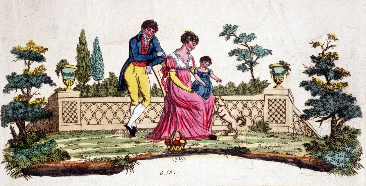 Perhe puistossa. 1800-luvun alun kaiverrus. tekijältä Unknown artist