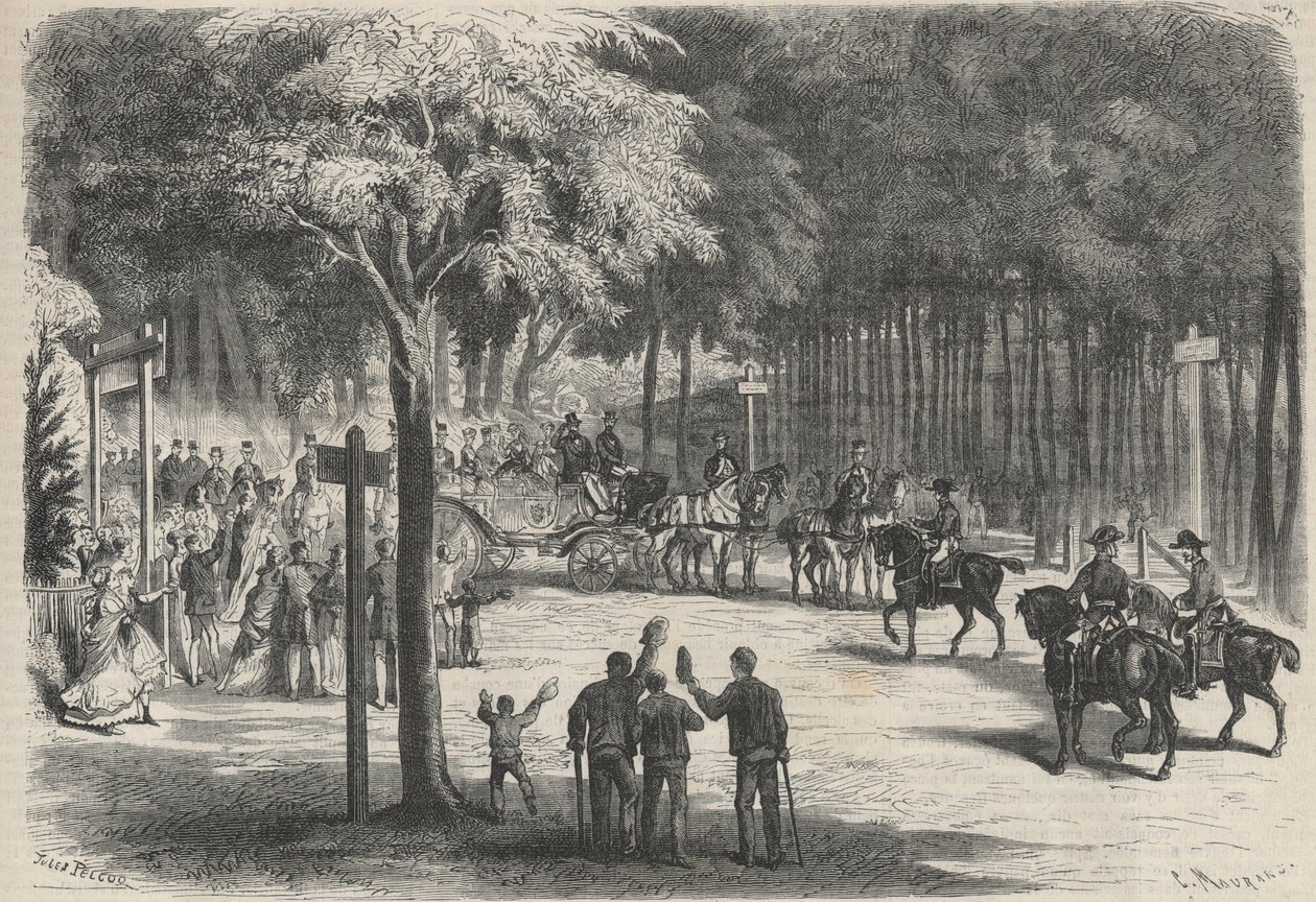 Perhematka Fontainebleaussa: heidän majeseesiensa retki Franchartin raunioille. Häät tervehtivät keisari Napoleon III:n (1808-1873) ja hänen perheensä siirtymistä. Kaiverrus kirjaan "The Universe Illustrious" tekijältä Unknown artist